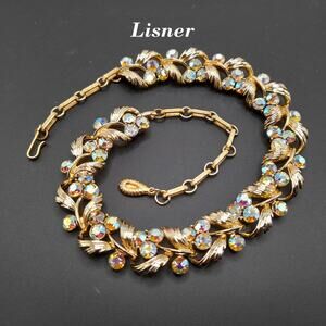 Vintage Lisner AB Rhinestone Gold Tone Choker Necklace 1950s
